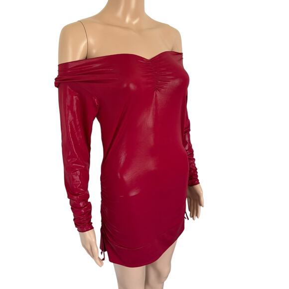 Axara Y2K Devil Wet Look Off The Shoulder long Sleeves Bodycon Mini Dress XS Red - Picture 1 of 6